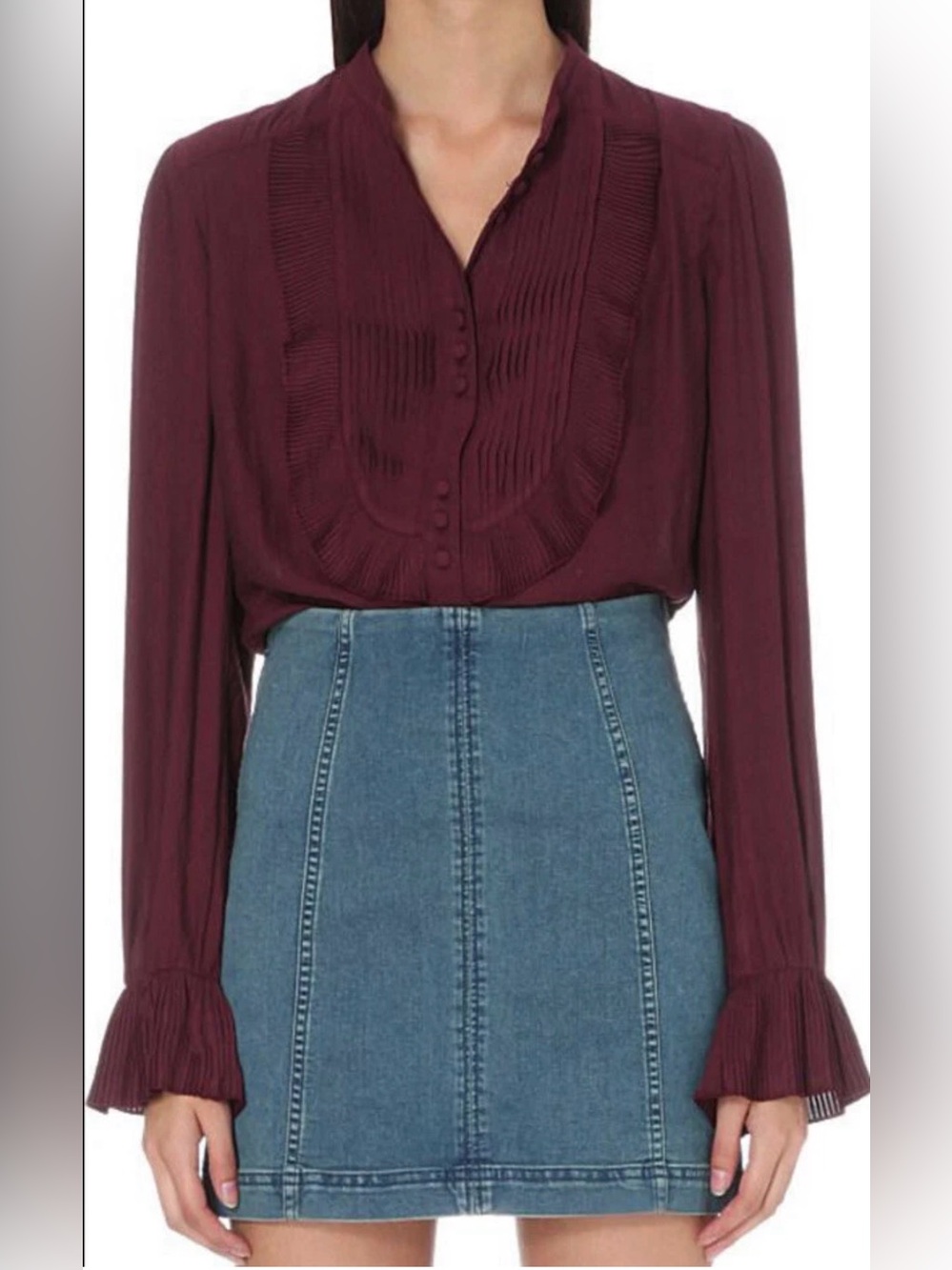 Free People All Shook Up' Ruffle Pin-Tuck Blouse Wine XS NEW. 1095